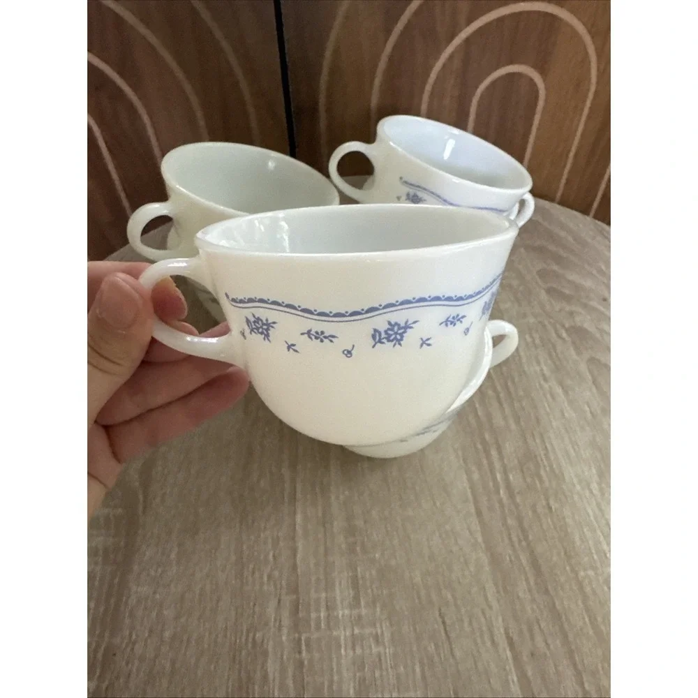 Set Of 6 Vintage Pyrex Coffee Cups, Morning Blue Pattern By Corning